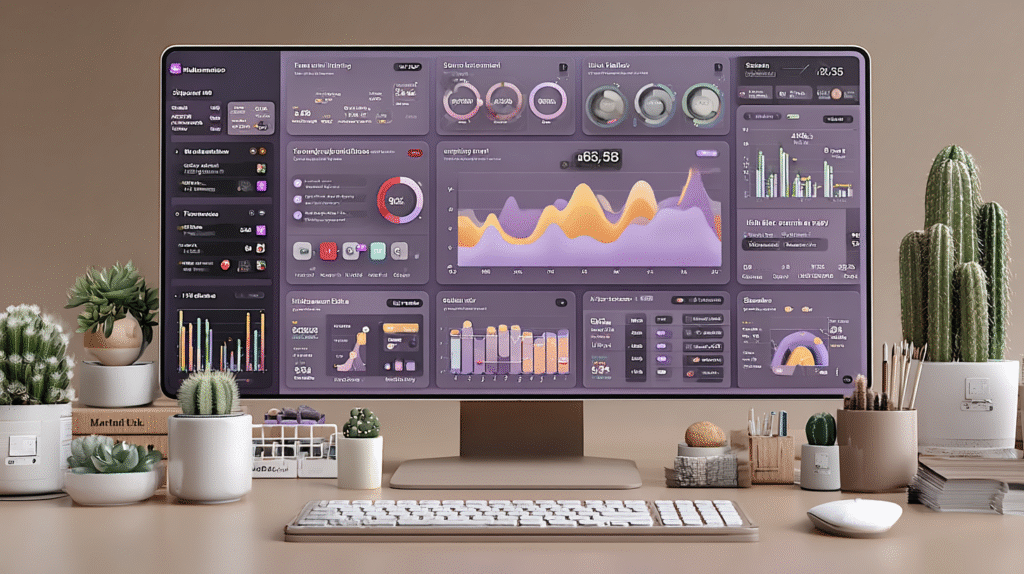 Systeme.io drag-and-drop funnel builder interface with analytics dashboard in purple theme