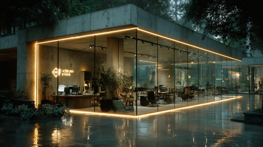 Futuristic smart tech office with digital dashboards and ambient lighting